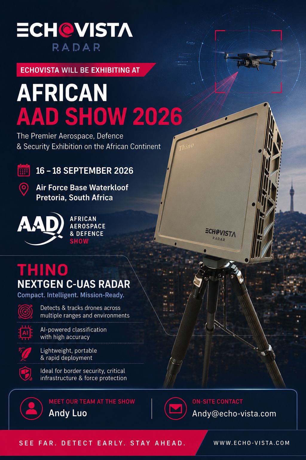 EchoVista THINO radar exhibition poster for AAD 2026 in Pretoria